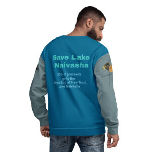 Unisex Sweatshirt, recycled Poly, Dark teal with sage sleeves, "Roy" a chimp of Ol Pejeta