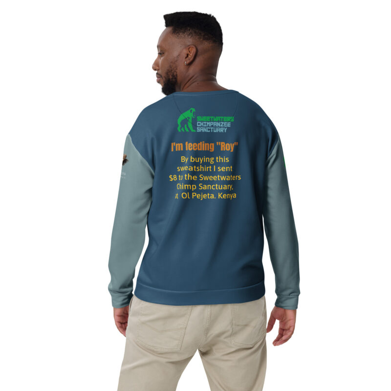 Unisex Sweatshirt. all over print, "Roy" a chimp of Ol Pejeta