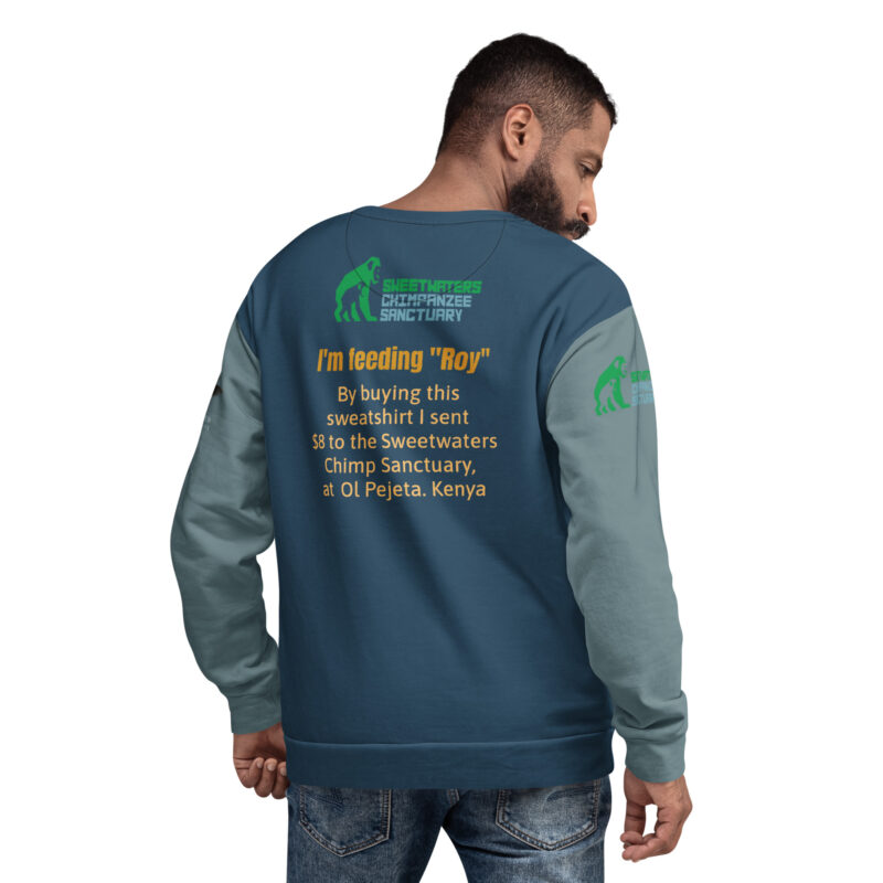 Unisex Sweatshirt. all over print, "Roy" a chimp of Ol Pejeta - Image 2