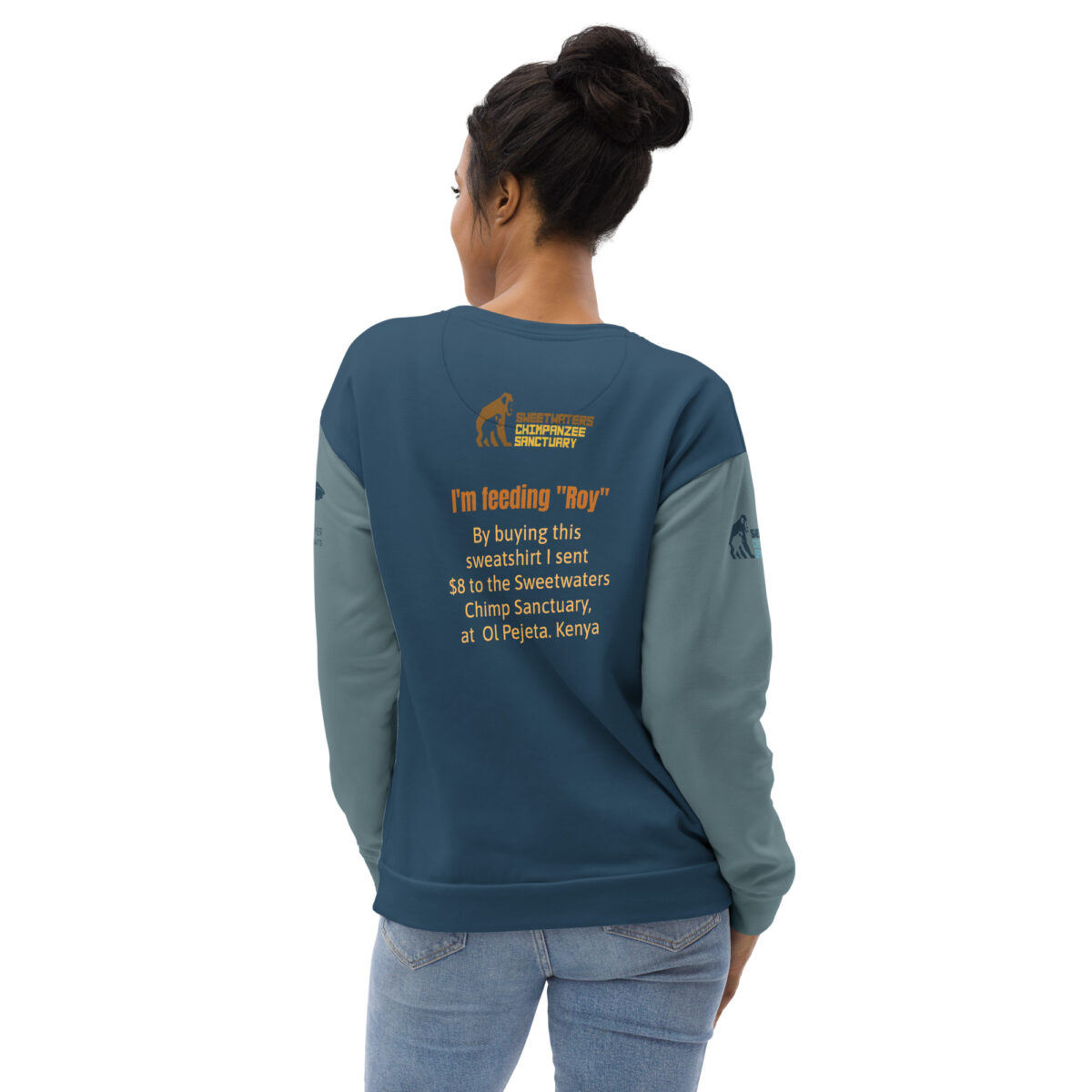 Unisex Sweatshirt. all over print, "Roy" a chimp of Ol Pejeta - Image 6