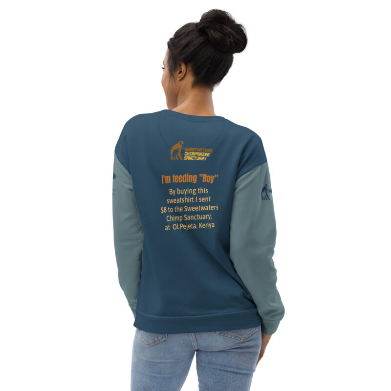 Unisex Sweatshirt. all over print, "Roy" a chimp of Ol Pejeta - Image 6