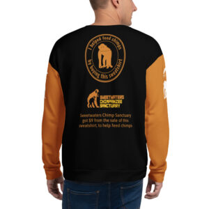 Unisex Allover Print Sweatshirt, Go feed a chimp ("Roy"), tan sleeves