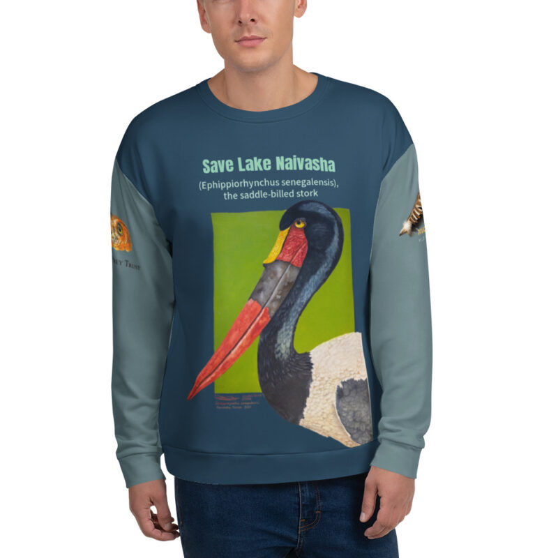 Unisex Sweatshirt, dark teal with sage sleeves, Saddle-Billed Stork