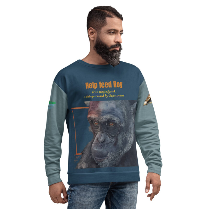 Unisex Sweatshirt, recycled Poly, Dark teal with sage sleeves, "Roy" a chimp of Ol Pejeta - Image 4