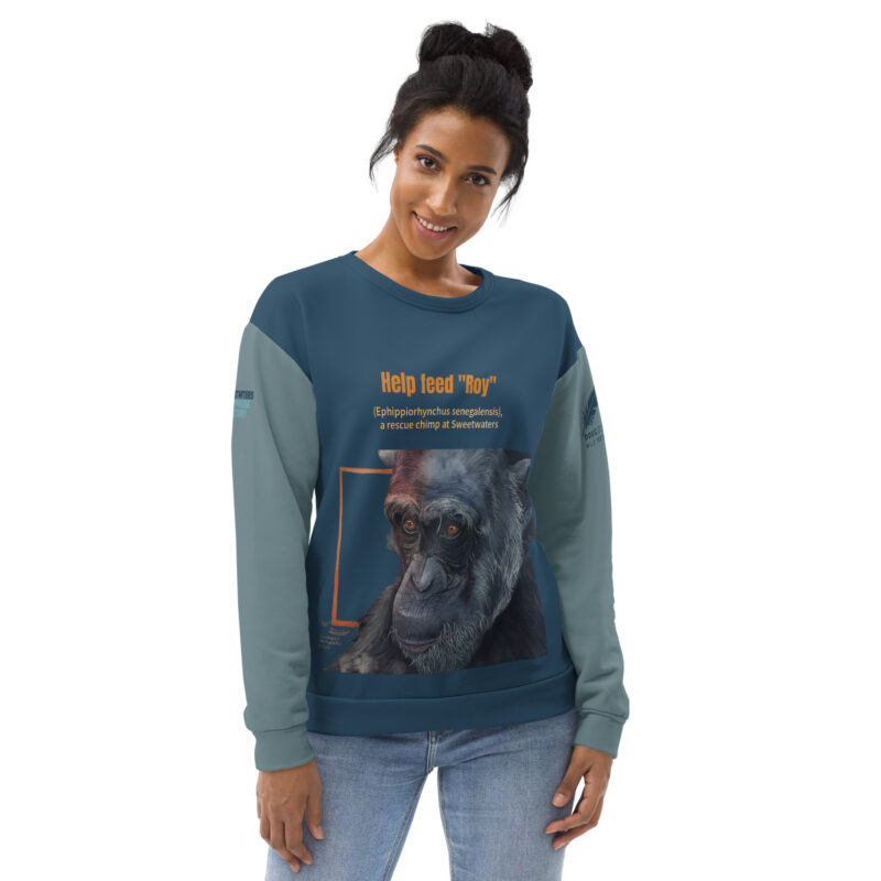 Unisex Sweatshirt. all over print, "Roy" a chimp of Ol Pejeta - Image 5