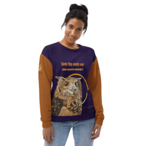 Unisex Sweatshirt, black with tan sleeves, save th eeagle owl