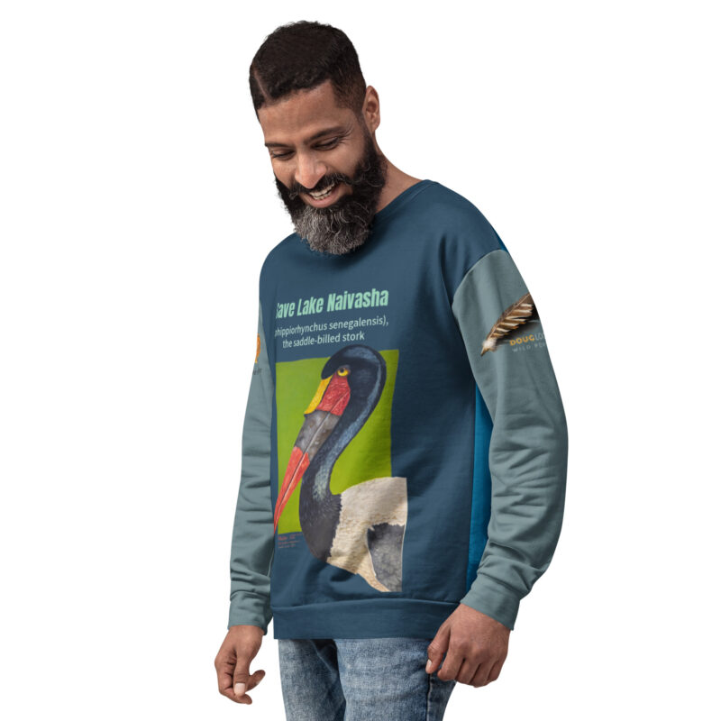 Unisex Sweatshirt, recycled Poly, Dark teal with sage sleeves, "Roy" a chimp of Ol Pejeta - Image 2