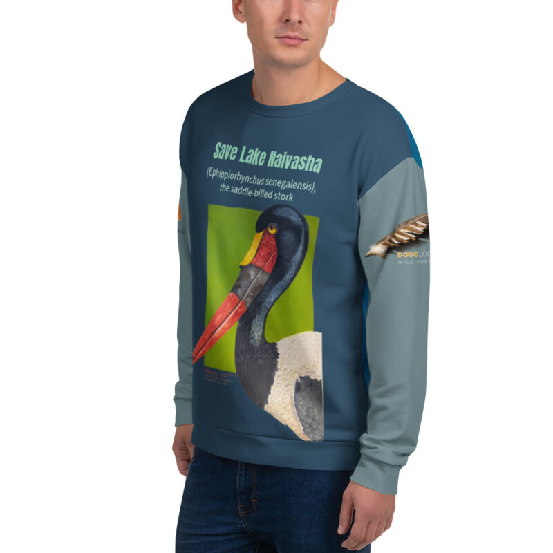 Unisex Sweatshirt, dark teal with sage sleeves, Saddle-Billed Stork - Image 3