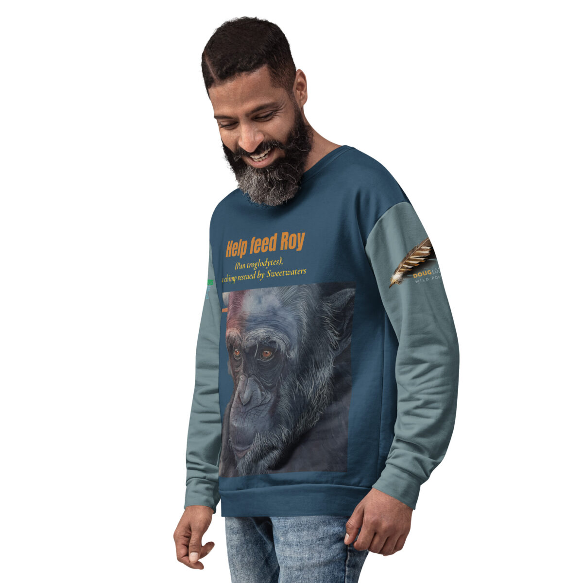 Unisex Sweatshirt, recycled Poly, Dark teal with sage sleeves, "Roy" a chimp of Ol Pejeta - Image 6
