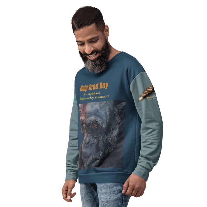 Unisex Sweatshirt, recycled Poly, Dark teal with sage sleeves, "Roy" a chimp of Ol Pejeta - Image 6