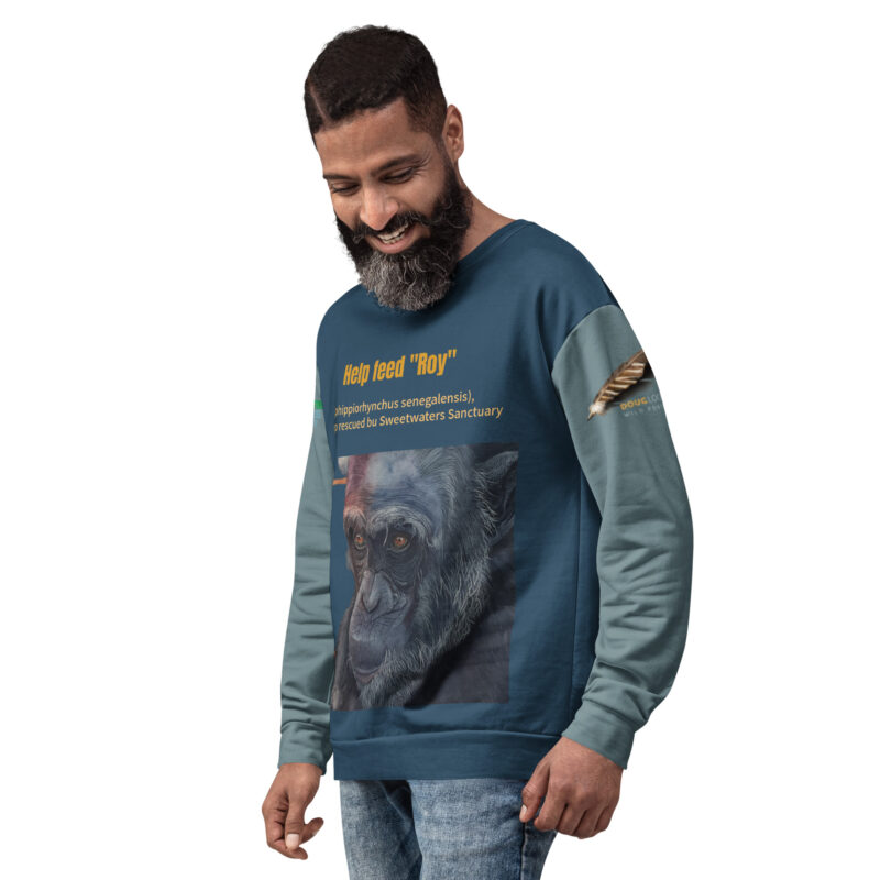 Unisex Sweatshirt. all over print, "Roy" a chimp of Ol Pejeta - Image 3