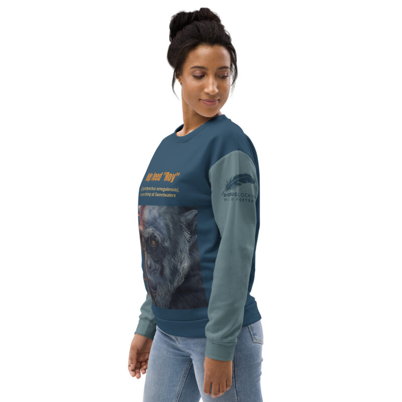 Unisex Sweatshirt. all over print, "Roy" a chimp of Ol Pejeta - Image 7