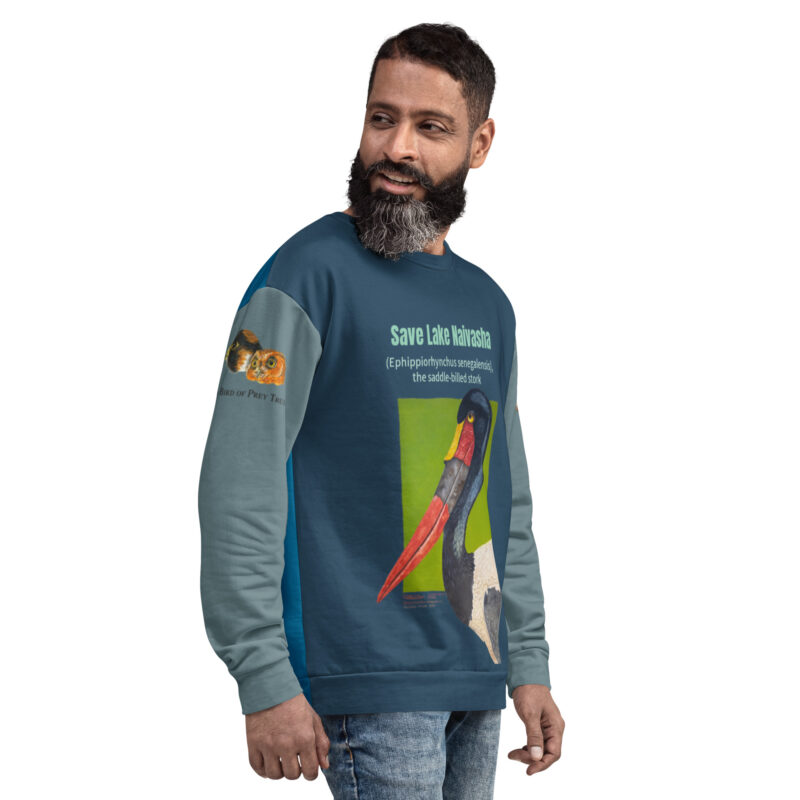 Unisex Sweatshirt, recycled Poly, Dark teal with sage sleeves, "Roy" a chimp of Ol Pejeta - Image 3