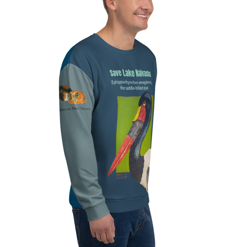 Unisex Sweatshirt, dark teal with sage sleeves, Saddle-Billed Stork - Image 4