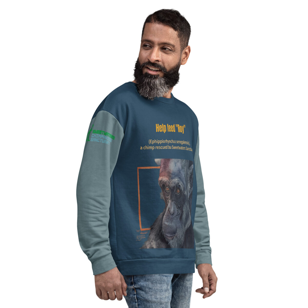 Unisex Sweatshirt. all over print, "Roy" a chimp of Ol Pejeta - Image 4