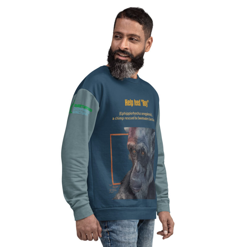 Unisex Sweatshirt. all over print, "Roy" a chimp of Ol Pejeta - Image 4