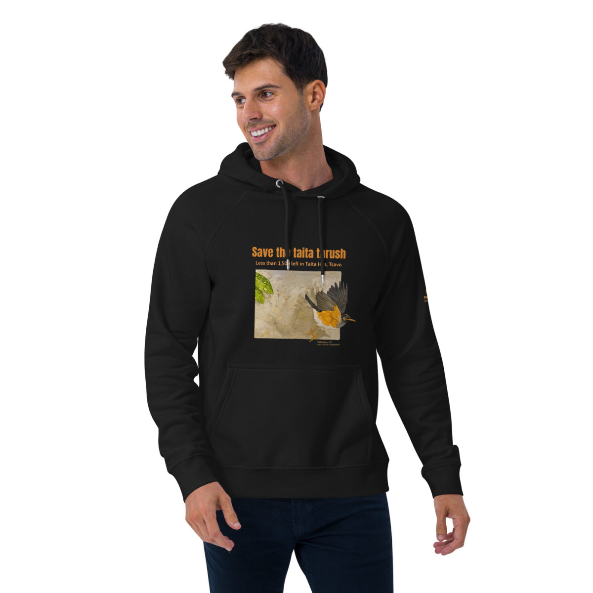Unisex eco raglan hoodie, Save the Taita thrush - Image 2