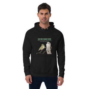 Unisex eco raglan hoodie, save New Zealand's birds (waxeye)