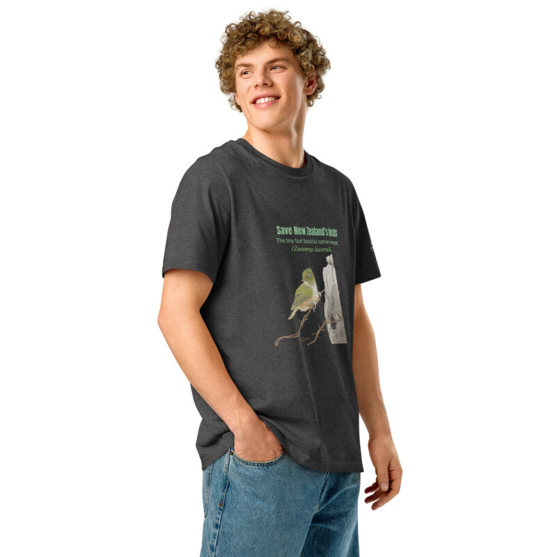 Unisex organic ribbed neck t-shirt, save New Zealand's birds (waxeye) - Image 34