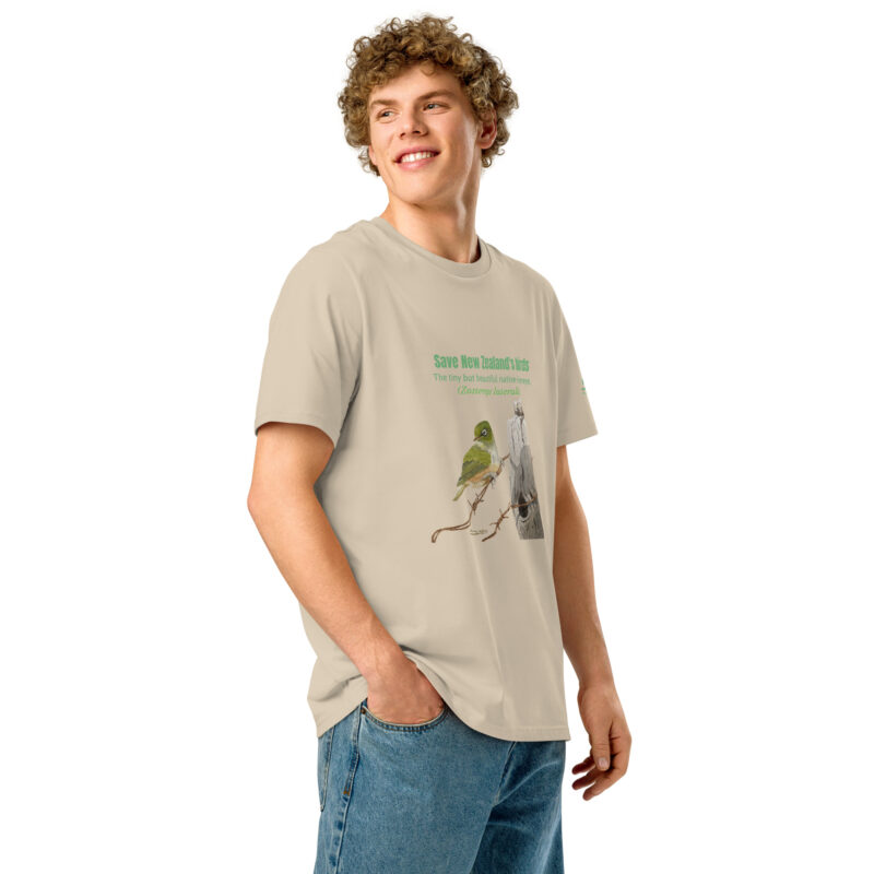 Unisex organic ribbed neck t-shirt, save New Zealand's birds (waxeye) - Image 49