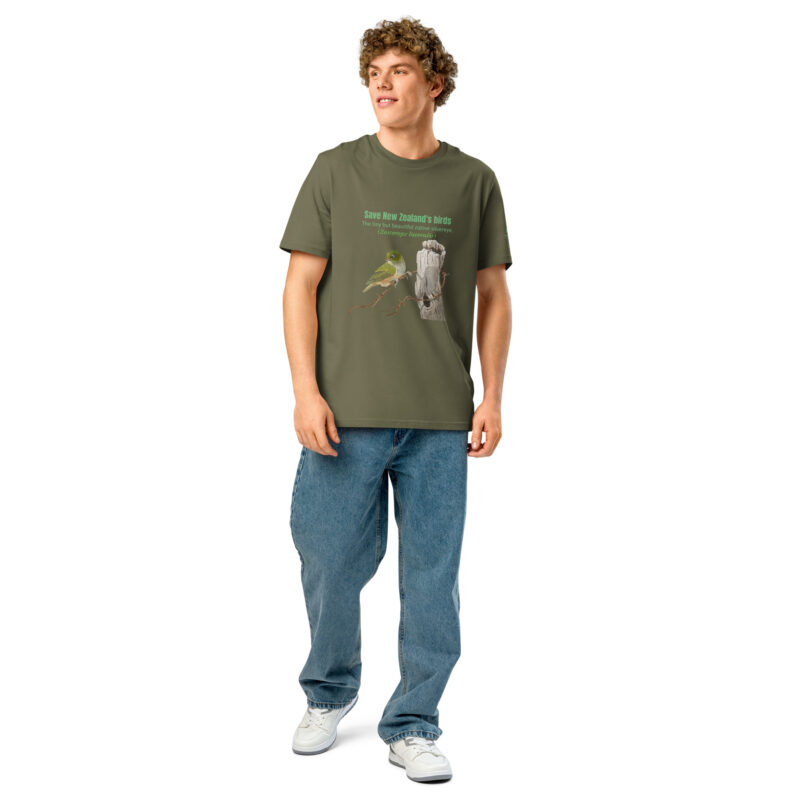 Unisex organic ribbed neck t-shirt, save New Zealand's birds (waxeye) - Image 44