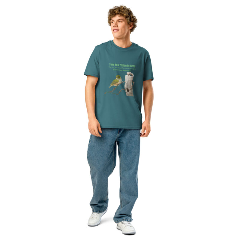 Unisex organic ribbed neck t-shirt, save New Zealand's birds (waxeye) - Image 41
