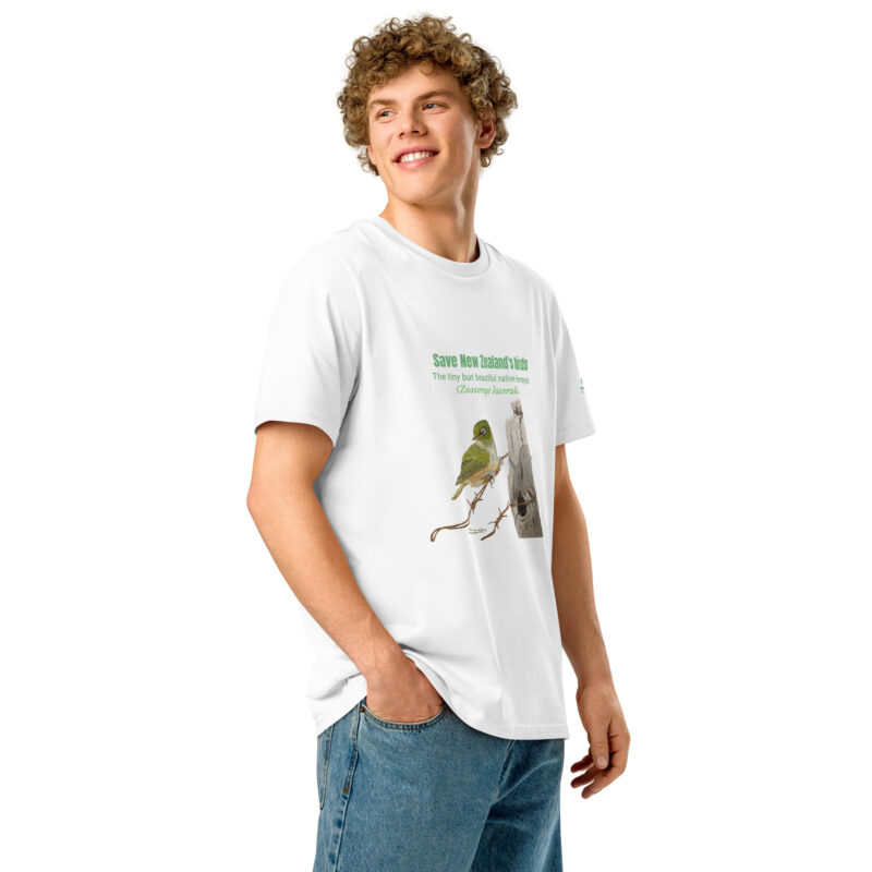 Unisex organic ribbed neck t-shirt, save New Zealand's birds (waxeye) - Image 52