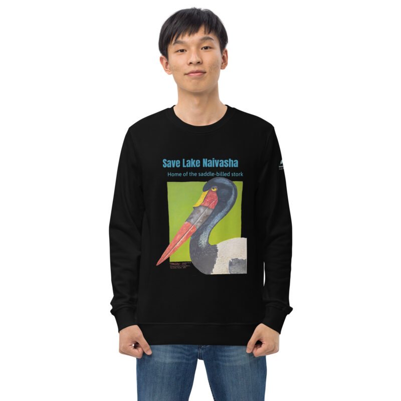 Unisex organic sweatshirt, save Lake Naivasha (saddle-billed stork)
