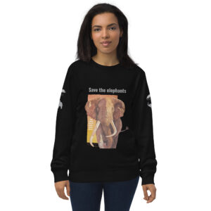 Unisex organic sweatshirt, save the elephants, grey text
