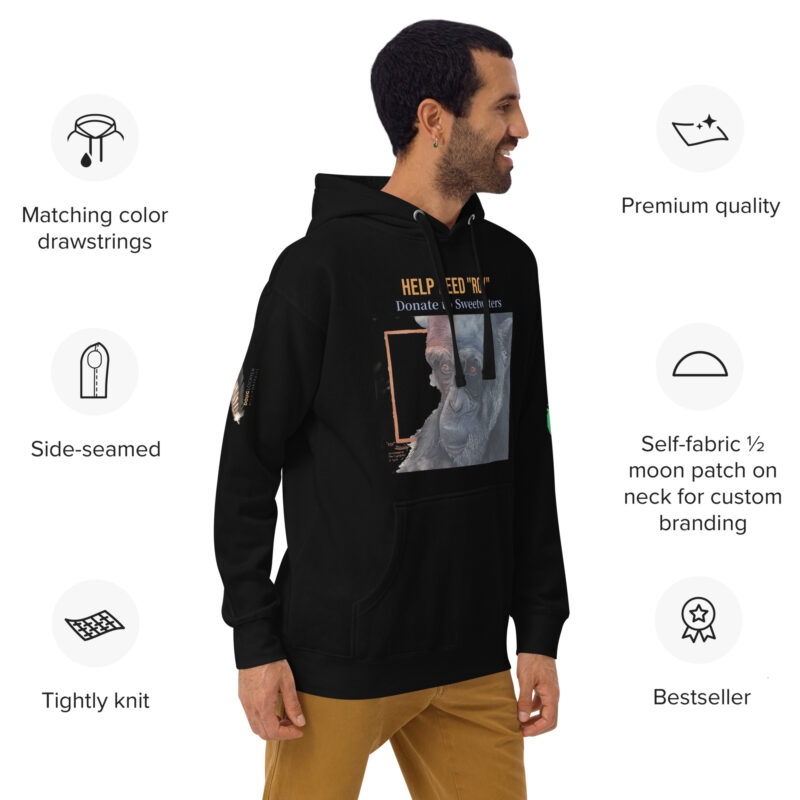 Unisex Hoodie, black, Roy, a chimp from Ol Pejeta - Image 3